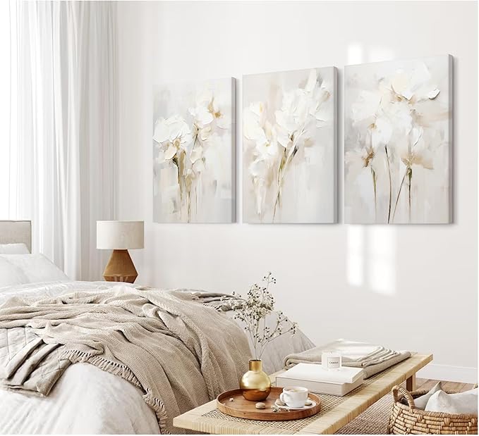 Neutral Wall Art Abstract Floral Canvas Pictures Beige Flower Wall Decor Modern Painting Minimalist Poster Abstract Botanical Prints White Artwork for Bedroom Living Room 12x16x3 Inch Ready to Hang