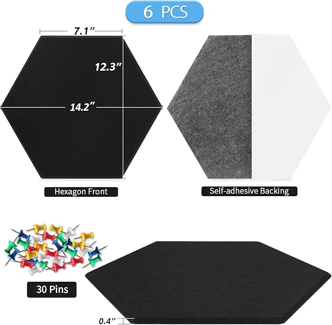 BXI Hexagon Felt Bulletin Board - 14.2 X 12.3 X 3/8 Inches 6 Pcs Self-Adhesive Poster Cork Board 30 Push Pins, Thick Pin Tiles Display Vision Board, Photo Picture Panels for Home Office Classroom