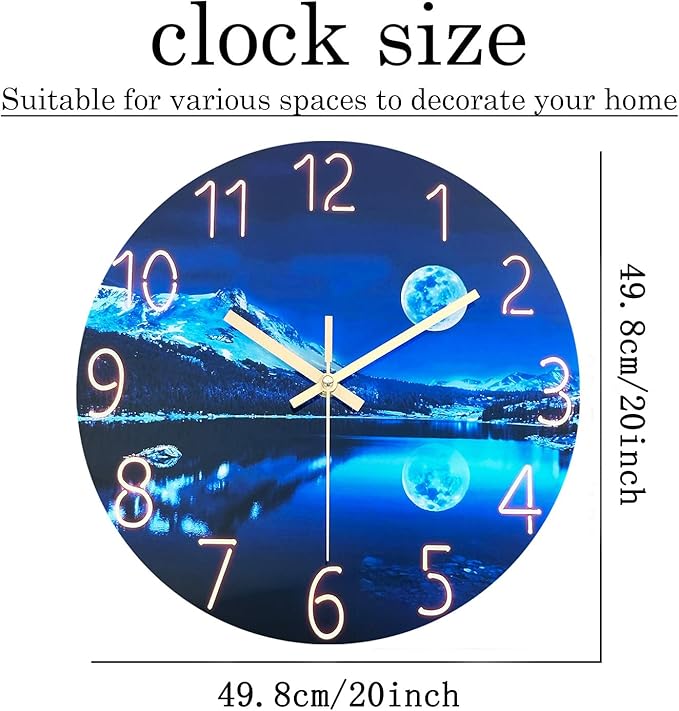 Large Wall Clocks for Living Room Decor Glass 20 Inch Analog Wall Clocks Battery Operated Blue Moon Silent Wall Clock Non Ticking