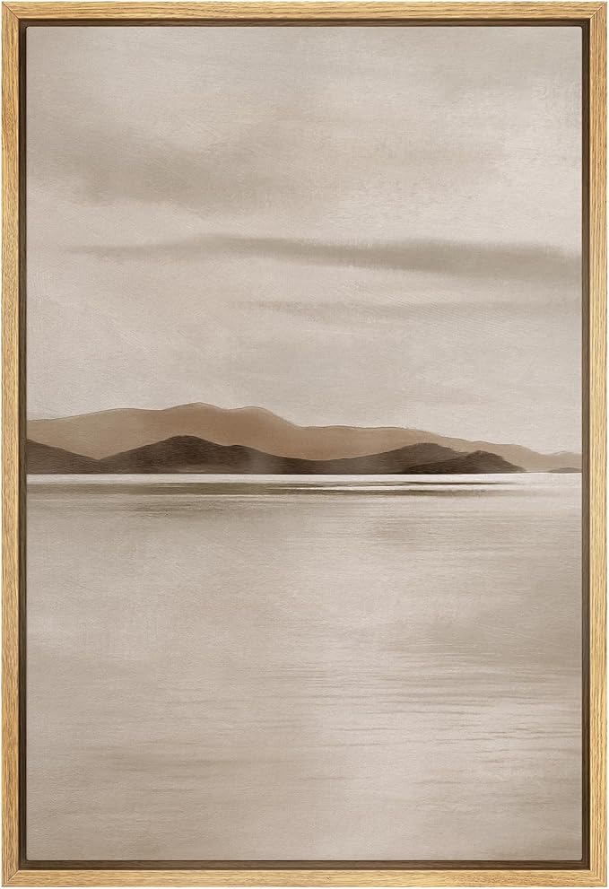 SIGNFORD Framed Canvas Print Wall Art Distant Mountains and Still Water Illustration Minimalism Decorative Colorful Mid-Century for Living Room, Bedroom, Office - 16"x24" NATURAL