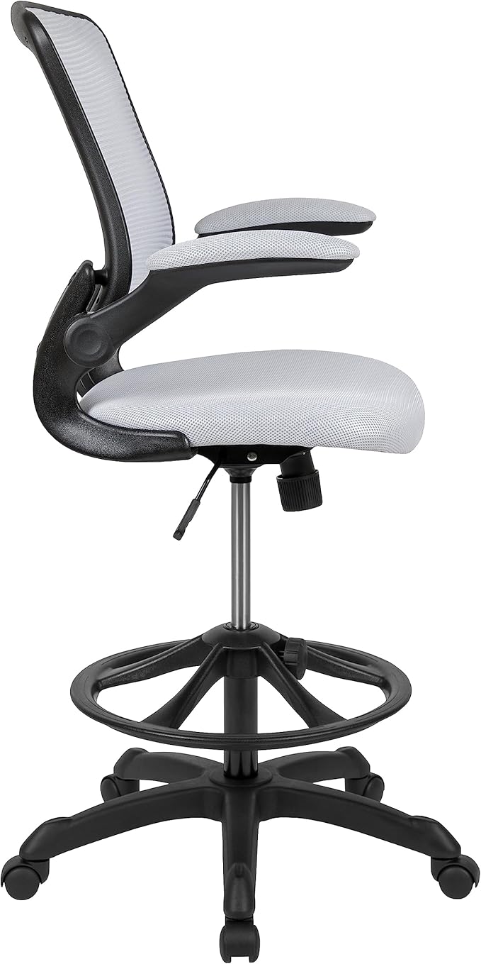 Flash Furniture Kale Mid-Back White Mesh Ergonomic Drafting Chair | Adjustable Foot Ring, Flip-Up Arms