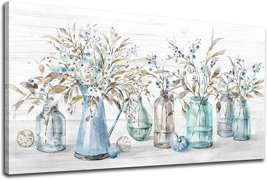Yearainn Flowers Canvas Wall Art - Indigo Floral in Jar - Botanical Flower Bottle Canvas Artwork - 20" X 40" - Living Room, Bedroom, Office Wall Decor