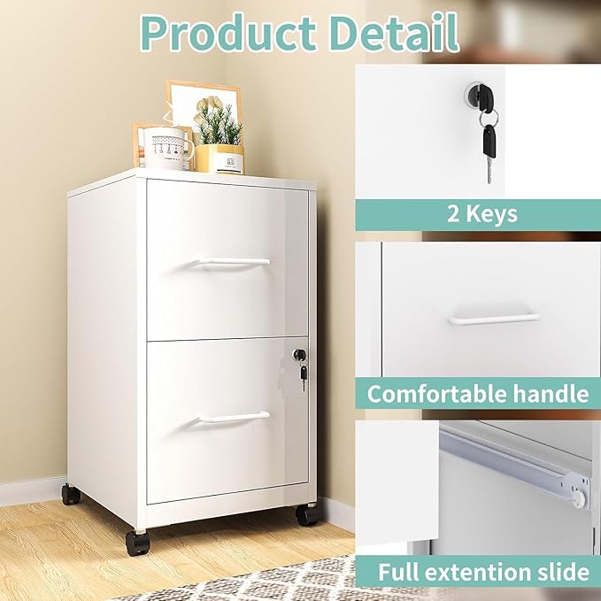 2 Drawer File Cabinet with Wheels, Metal Mobile Filing Cabinets with Lock, Vertical File Cabinet for Home Office, Rolling Storage Cabinet for A4/Letter/Legal Size File, Assembly Required, White