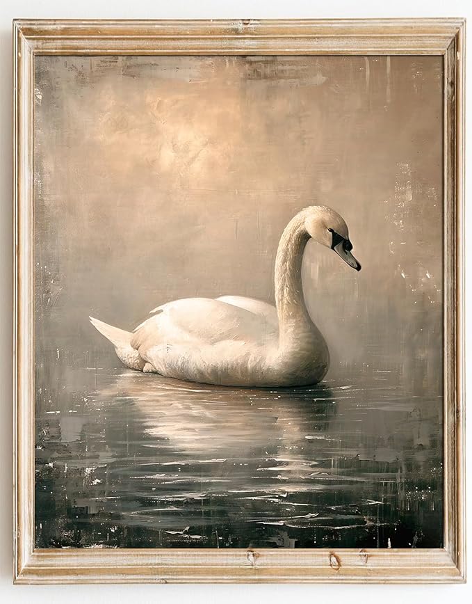 Kizbok Vintage Wall Art Decor Neutral Swan Canvas Prints Farmhouse Wall Decor Rustic Swan Vintage Art Pictures for Nursery Bedroom Bathroom Office Decor(12" x 16"-UNFRAMED)