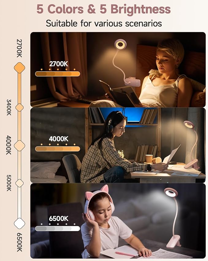 CUHIOY Clip on Reading Light for Bed, Rechargeable Battery Desk Lights, 5 Colour 5 Brightness & Touch Control Headboard Lamp, Large Clamp Lamp with Flexible Neck, Eye Protect LED Bedside Light, Pink