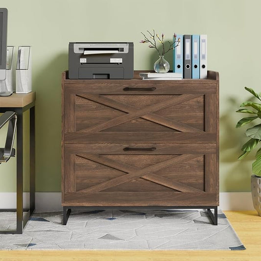 2 Drawer Lateral File Cabinet, Filing Cabinet with Charging Station for Letter/Legal/A4 Size Hanging Files, Modern Farmhouse File Cabinet for Home Office, Printer Stand with Storage, Dark Walnut