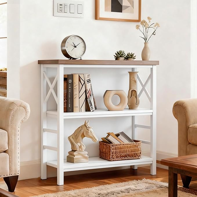 Book Shelf, Small 3-Tier Industrial Bookshelf with Strong Metal Frame & Backboard, 29.5" Short Bookcase for Small Spaces, Living Room, Bedroom and Home Office, White
