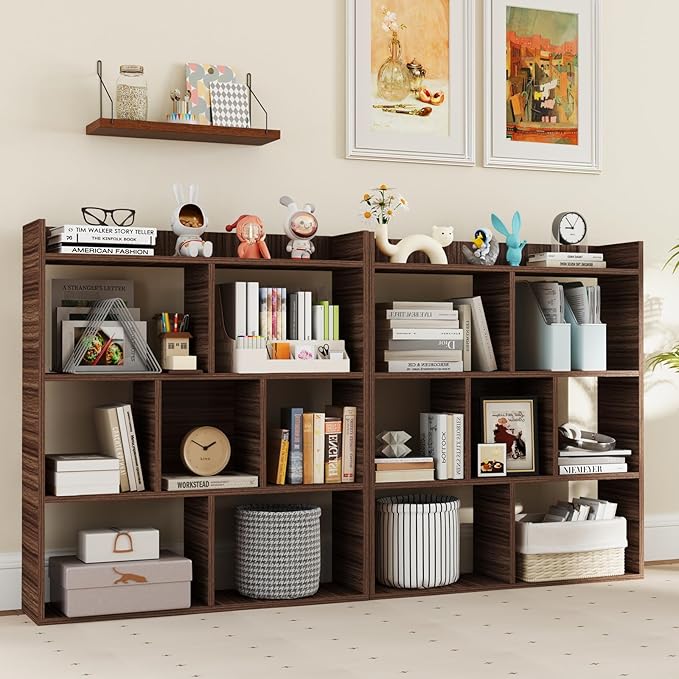 Tangkula 7-Cube Bookshelf, Floor Standing Open-Back Bookcase with Anti-Toppling Devices, Wooden Geometric Bookshelf, 4-Tier Storage Display Shelf for Living Room, Study, Office (2, Walnut)