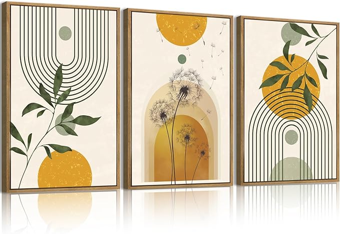 ANHUIB Boho Minimalist Canvas Wall Art 24x36 Inch Dandelion Plant Wall Decor Modern Geometric Artwork Abstract Line Botanical Painting Set of 3 for Living Room Bedroom Dining Room