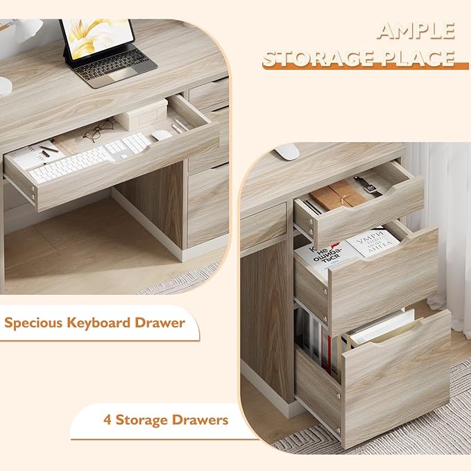 48 Inch Small Desk with Drawers, Computer Desk with Storage File Drawer for Bedroom, Office Desk with Storage for Small Space, Walnut