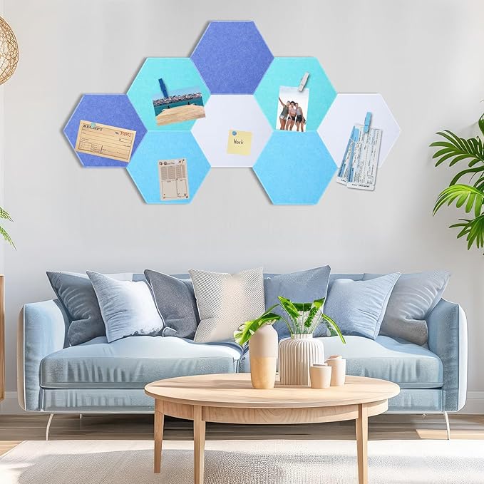 8 Pcs 12" Large Hexagon Felt Cork Bulletin Board Tiles Self Adhesive DIY Pin Board with 50 Push Pins and 10 Colored Clips, Wall Decor for Office Home Kitchen Photos Memos(Blue)