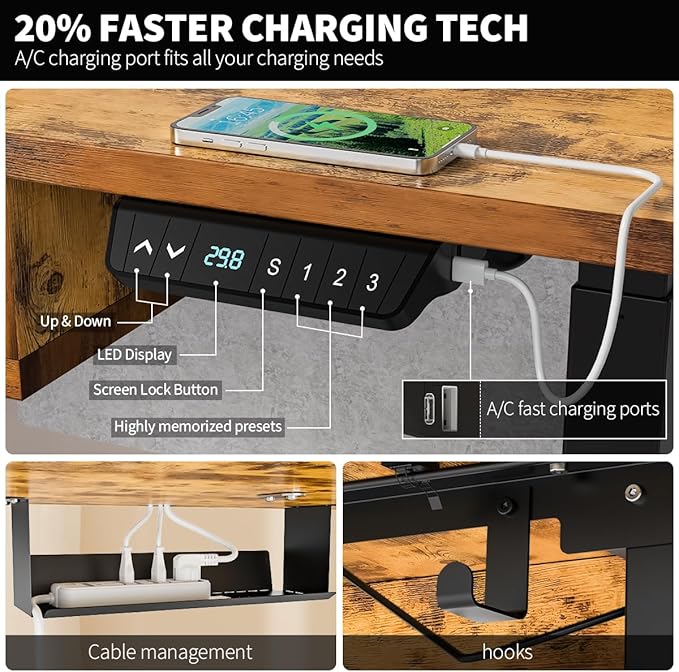 Kingant 48 x 30 Inch Electric Standing Desk with 4 Drawers, Adjustable Height Computer Desk for Home Office, Large Workstation Sit Stand Up Desk with Built-in USB A/C Charging Ports, Rustic Brown