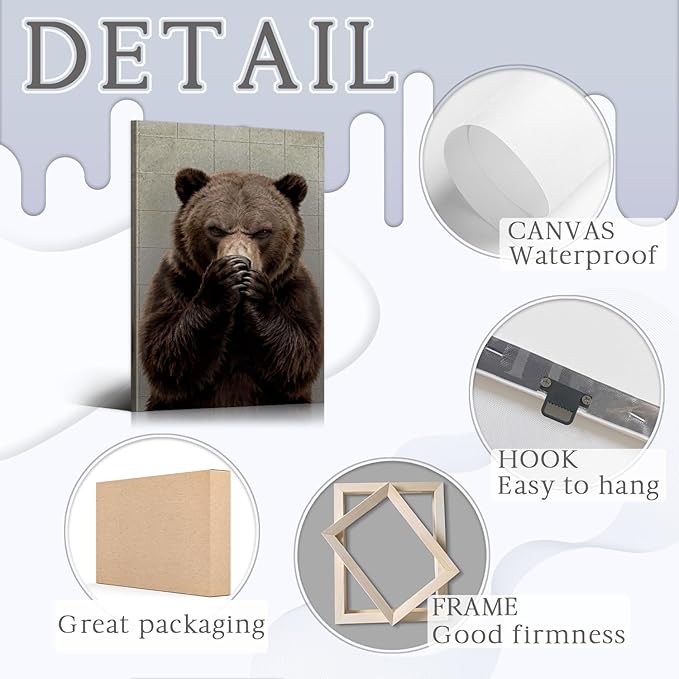 YOUHONG Funny Bear Bathroom Decor with Wooden Frame, Lightweight Bathroom Bear Holding Nose Wall Art Humor Animals Painting for Restroom Toilet,Funny Animals Posters Ready to Hang 12x18 Inches