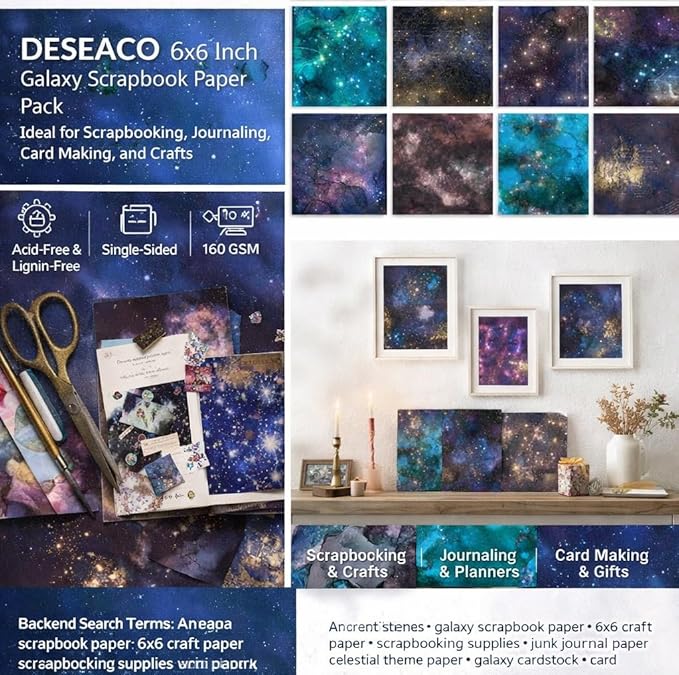 Galaxy Scrapbook Paper 6x6, 12 Cosmic Designs, Acid-Free 160gsm Single-Sided Decorative Craft Paper for Scrapbooking, Journaling, Card Making & DIY Crafts-24 Sheets