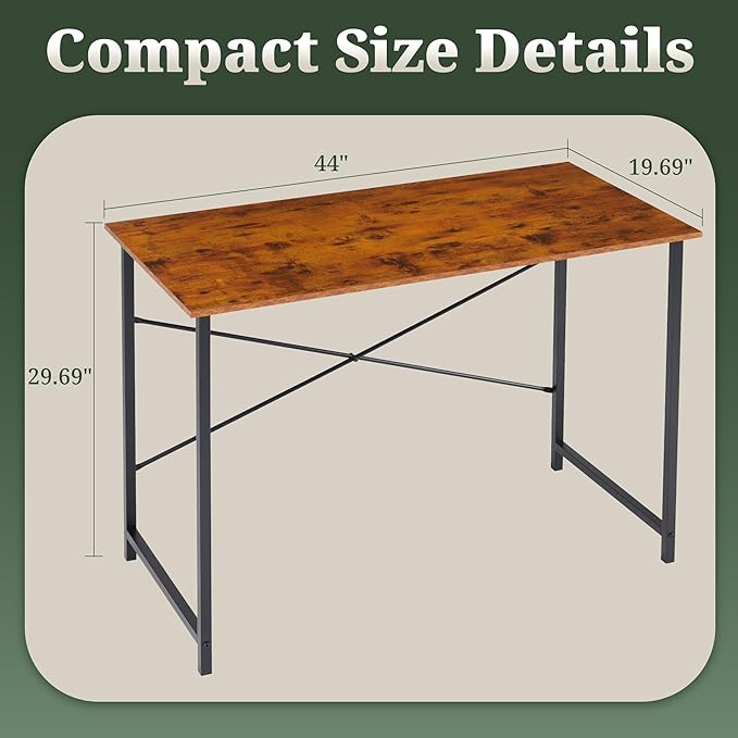 Computer Desk 44 Inch, Home Office Desk Simple Study Writing Table, Sturdy Metal Frame, Scratch-Resistant MDF Desktop for Bedroom Dorm Workspace Small Space, Brown