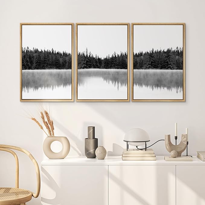 SIGNWIN 3 Piece Framed Canvas Wall Art Woodland Nursery Decor Black and White Forest with Lake Nature Abstract Traditional Home Artwork Decoration for Living Room,Bedroom - 16"x24"x3 Natural