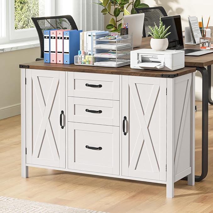 Farmhouse File Cabinet with Doors, Lateral Filing Cabinet with 3 Drawers for Letter/A4 Size Hanging Files, Large Wooden Printer Stand with Adjustable Shelves for Home Office, Rustic White