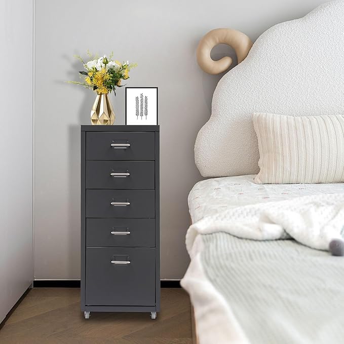 Metal File Storage Cabinet,Side Storage Organizer,Freestanding Storage Unit,Metal Garage Storage Drawer,Storage Cabinet with 5 Drawers and Wheels for Office,Home,School，Grey,11 * 16.1 * 27.1in