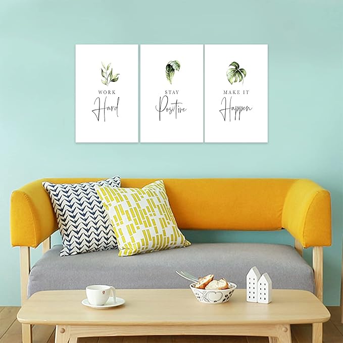 3 Piece Inspirational Wall Art, White Plants Sayings Picture, Quotes "Work Stay Make it" Canvas Prints for Office Decor, Triptych Entrepreneur Framed Artwork for Women Men Home Wall Decor (48"Wx24" H)