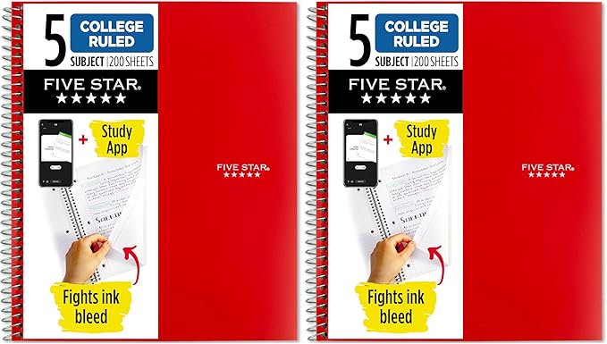 Five Star Spiral Notebook + Study App, 5 Subject, College Ruled Paper, 8-1/2" x 11", 200 Sheets, Fights Ink Bleed, Water Resistant Cover, Fire Red (72077) (Pack of 2)