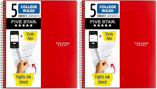 Five Star Spiral Notebook + Study App, 5 Subject, College Ruled Paper, 8-1/2" x 11", 200 Sheets, Fights Ink Bleed, Water Resistant Cover, Fire Red (72077) (Pack of 2)
