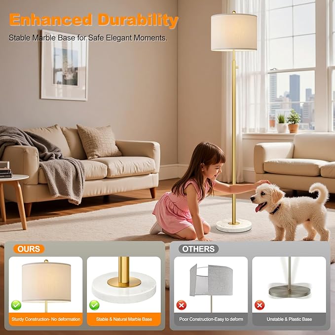 【Upgraded】Dimmable Gold Floor Lamps for Living Room, 11W LED Bulb Included, Modern Standing Lamp with Marble Base, Tall Pole Light with White Linen Shade for Bedroom Reading Office Corner Nursery