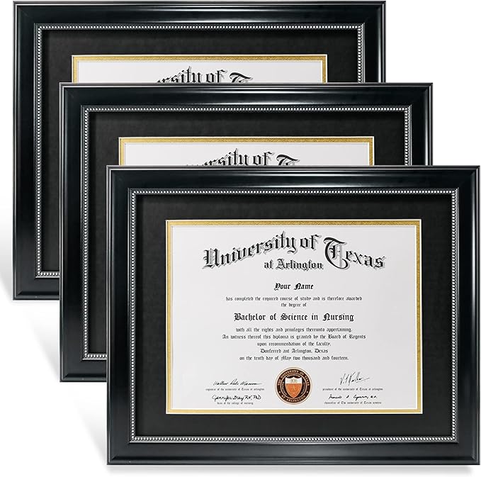 GraduationMall 8.5x11 Diploma Frame with Black over Gold Mat or Display 11x14 Document without Mat, Tempered Glass, Black with Silver Beads, Set of 3