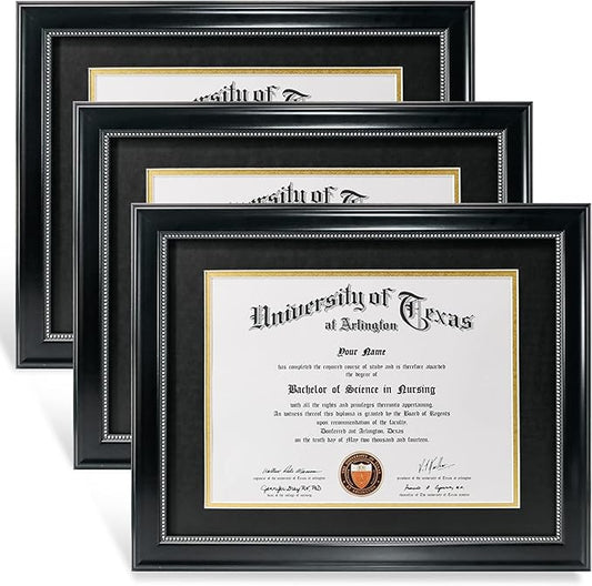 GraduationMall 8.5x11 Diploma Frame with Black over Gold Mat or Display 11x14 Document without Mat, Tempered Glass, Black with Silver Beads, Set of 3