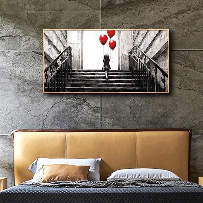 MHARTK66 Wood Framed Canvas Wall Art For Bedroom Wall Decor For Living Room Office Decoration Banksy Black And White Abstract Wall Painting Kid Graffiti Street Pictures Artwork Girl's Room Home Decor