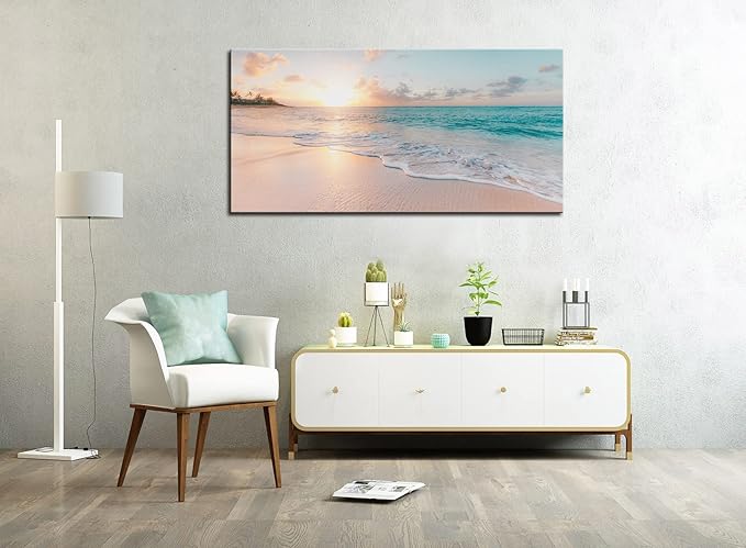 OKEXCKK Beach Large Canvas Wall Art - Sunset Scene Picture Painting Print for Office, Bedroom, Living Room Decoration, Large Coastal Artwork for Wall Decor 29"x58"