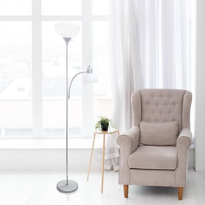 Simple Designs LF2000-SLV-LB 71.5" Traditional Floor Lamp with Adjustable Reading Light, LED Bulbs Included, Silver