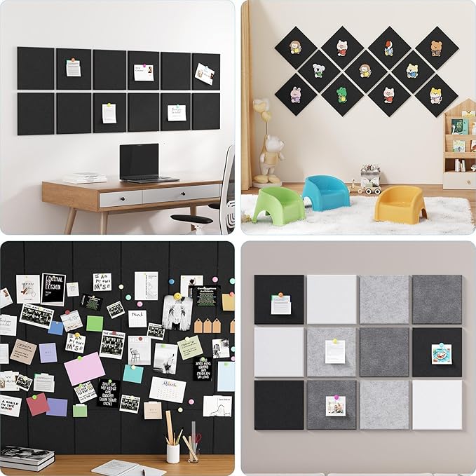 Large Cork Boards for Walls – 48" x 36" Self Adhesive Felt Wall Tiles, Ideal for Office Black Bulletin Board, Easy to Install Pin Board Photo Dart Board Wall Protectors