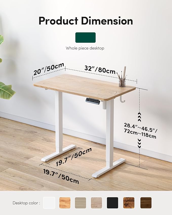 CubiCubi 32 x 20 Inches Small One-Piece Standing Desk, Adjustable Height Electric Computer Sit Stand up Home Office Workstation, with 4 Memory Presets, Headphone Hook, Pure Maple