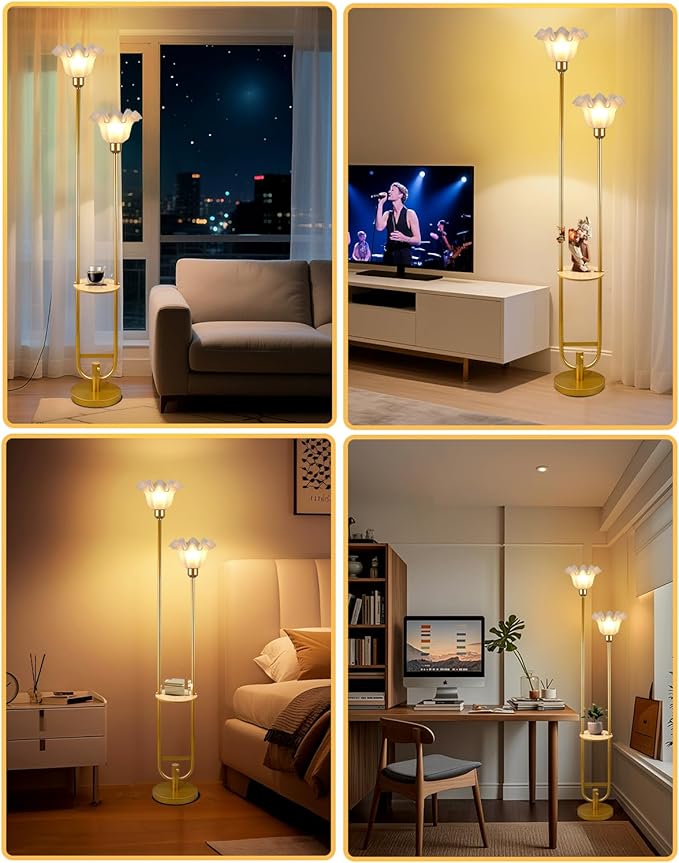 Dimmable Flower Floor Lamps with Table, 2-Lights Dimmable Floral Floor Lamp, 3000K Warmwhite Candle Holder Style Modern Floor Lamp, Rustic Gold Standing Lamp for Living Room Bedroom