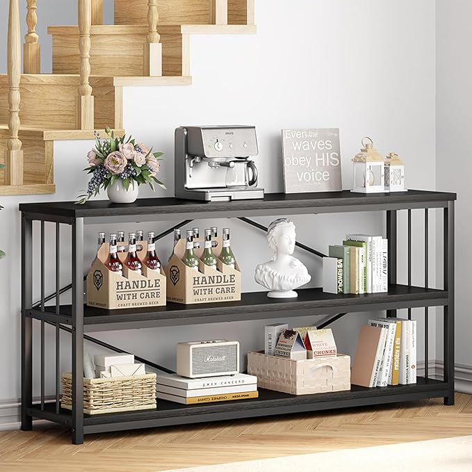 IBF 63" Black Low Horizontal Bookcase, Modern Long Wood Metal 3 Tier Book Shelf, Farmhouse Vintage Big Open Sturdy Bookshelf, Simple Large Wide Etagere for Home Living Room Office Bedroom, Black Oak