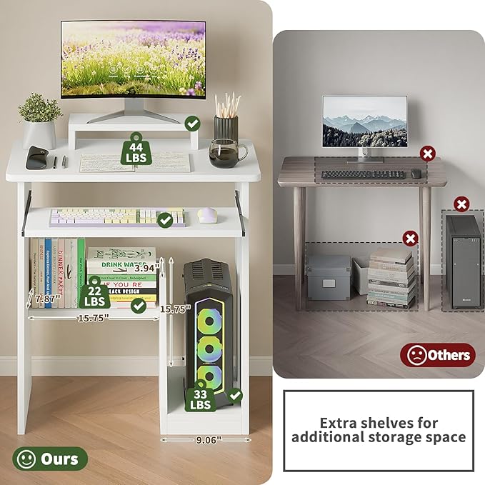 ALISENED 30" Small Computer Desk with Keyboard Tray Monitor Stand, Study Writing Desk with Storage Shelves, Modern Workstation for Small Spaces, Save Space, White