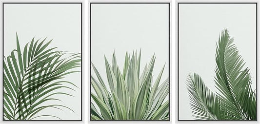 SIGNFORD Framed Canvas Print Wall Art Set Rustic Green Retro Tropical Jungle Plants Nature Wilderness Photography Modern Minimal Scenic Relax/Calm for Living Room, Bedroom, Office - 16"x24"x3 White