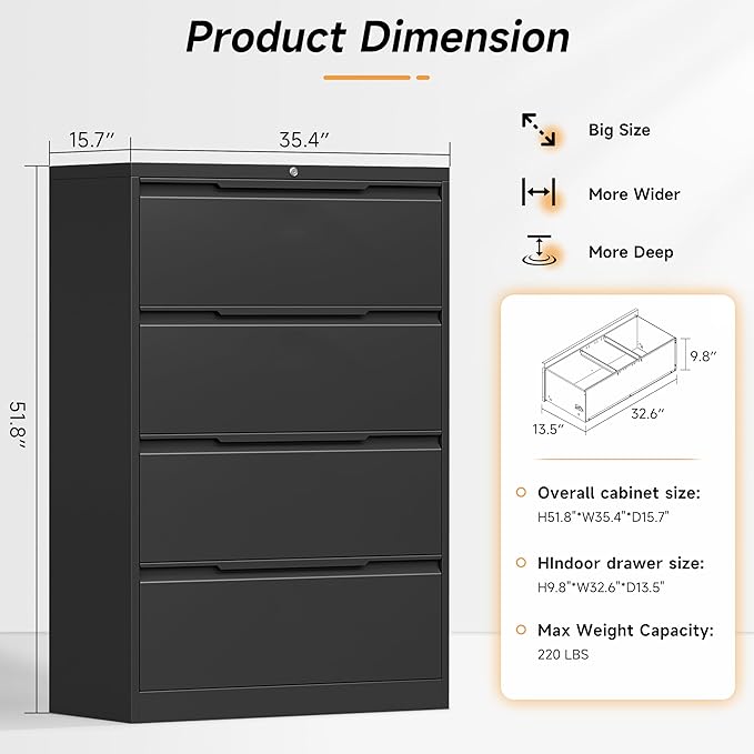 Bestoo 4-Drawer Lateral File Cabinet with Lock, Metal Filing Cabinet for Home Office, Lateral Filing Storage Cabinets, Fits File Folders, Letter/Legal/F4/A4 Sizes, Assembly Required (Black)
