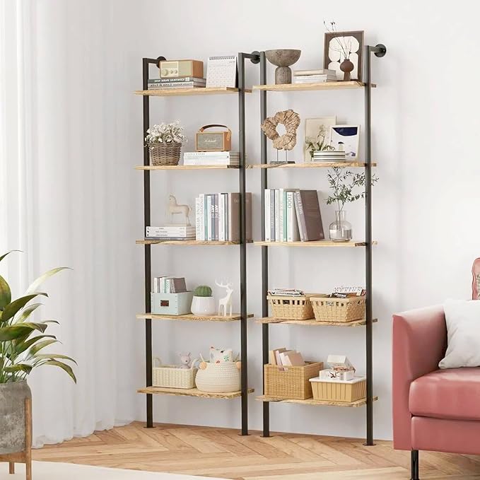 5-Tier Bookshelf Solid Wood Ladder Shelf, Narrow Book Shelf Display Shelf, Wooden Bookcase, Wall Mount Ladder Shelf, Storage Rack for Living Room, Bedroom, Industrial Style, Rustic Brown