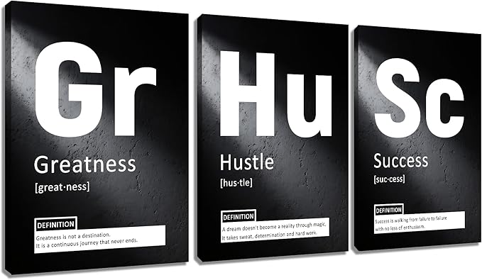 Greatness Hustle Success Inspirational 3 Pieces Posters Print Wall Art Home Decor Positive Sign Picture Painting Artwork for Living Room Gym Workplace Office Stretched and Framed [60''Wx28''H]