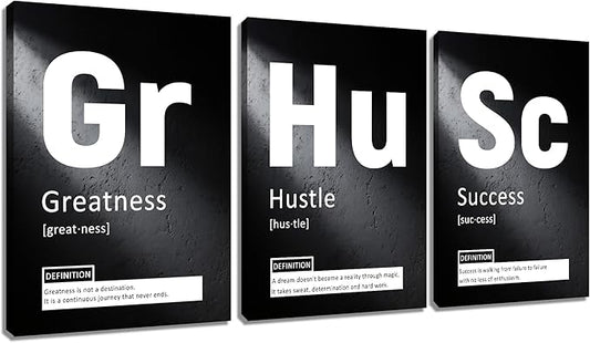 Greatness Hustle Success Inspirational 3 Pieces Posters Print Wall Art Home Decor Positive Sign Picture Painting Artwork for Living Room Gym Workplace Office Stretched and Framed [60''Wx28''H]