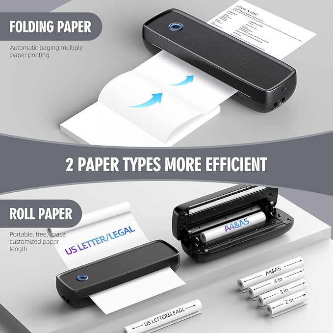 Aixiqee Portable Inkless Printer, Wireless Bluetooth Thermal Printer with 4200mAh Battery, Prints A4/A5/US Letter, High Resolution Mini Printer for Travel, Home Office & Mobile Printing