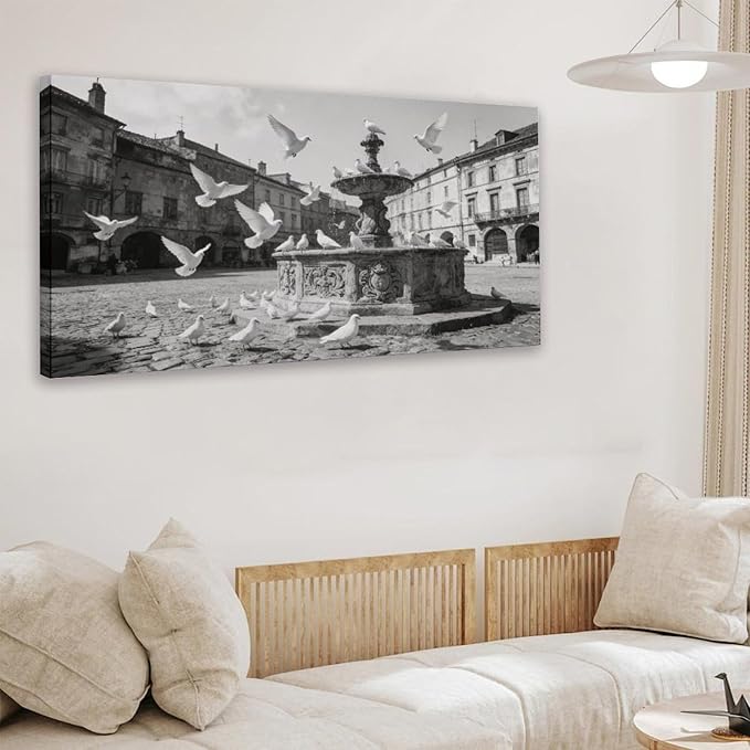 Vintage City Square Framed Canvas Wall Art for Dining Room, Black White Decor 32" L x 16" W