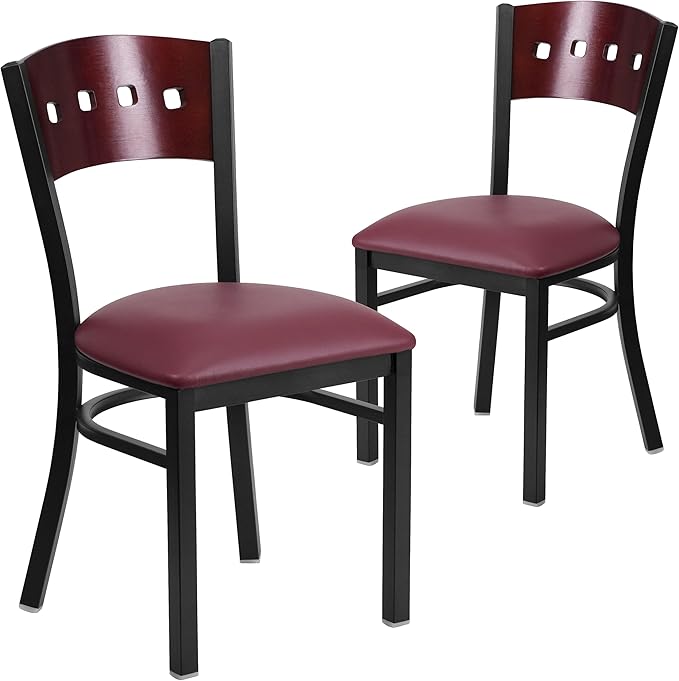 Flash Furniture 2 Pk. HERCULES Series Black 4 Square Back Metal Restaurant Chair - Mahogany Wood Back, Burgundy Vinyl Seat