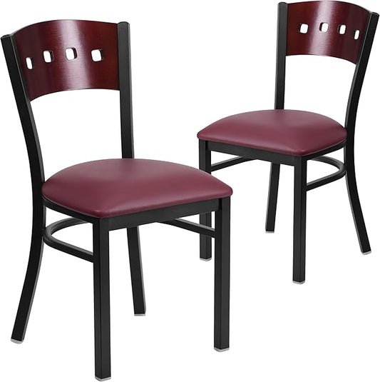 Flash Furniture 2 Pk. HERCULES Series Black 4 Square Back Metal Restaurant Chair - Mahogany Wood Back, Burgundy Vinyl Seat