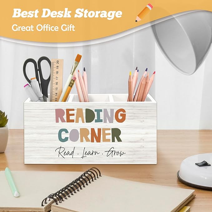 Boho Reading Corner Pen Holder Organizer for Desk Accessories, Boho Classroom Reading Wooden Box Desk Decorations for School Kids Room Bedroom Decor, Book Lovers Reader Bookish Gifts