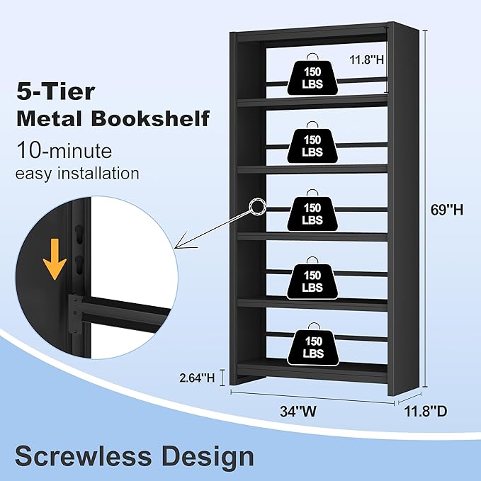 5 Tier Metal Bookshelf, Black 69" Tall Bookcase, Large Heavy Duty Book Shelves, Industrial Wide Book Shelves, Display Storage Shelves for Library Bedroom Living Room Office