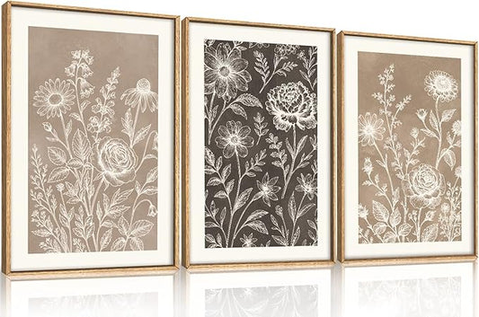 Neutral Boho Flower Framed Canvas Wall Art Set,Vintage Moody Rose Peony Daisy Wildflower Decor,Modern Natural Brown Black Floral Botanical Artwork for Living Room,Bedroom,Farmhouse-24 x36 x3