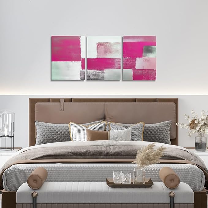 jejeloiu Modern Art 3 Piece Canvas Wall Art for Living Room Bedroom Abstract Art Picture Wall Decor 12"x16"x3pcs Hot Pink Abstract Oil Painting Office Decorations Artwork Posters