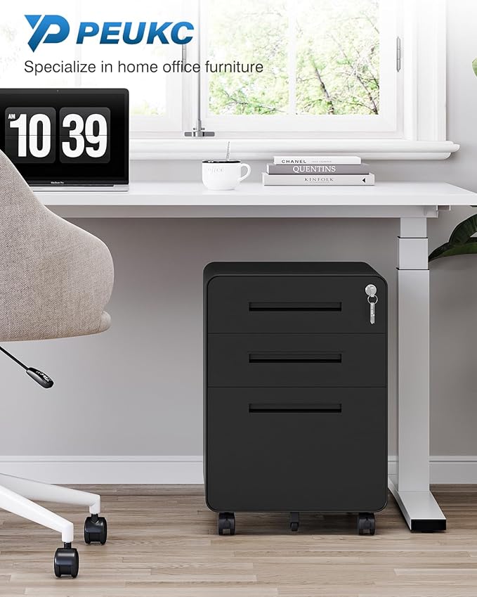 3 Drawer File Cabinet with Lock, Metal Under Desk Rolling Filing Cabinet fits Letter/Legal/A4 Size for Home Office,(Fully Assembled, Black)